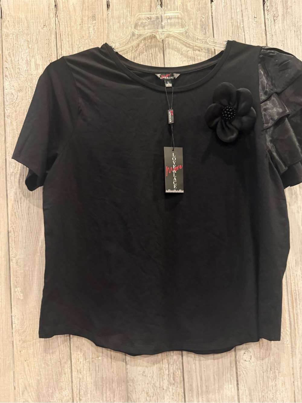 Love & Lace Black Short Sleeve Floral Applique Tee NWT
